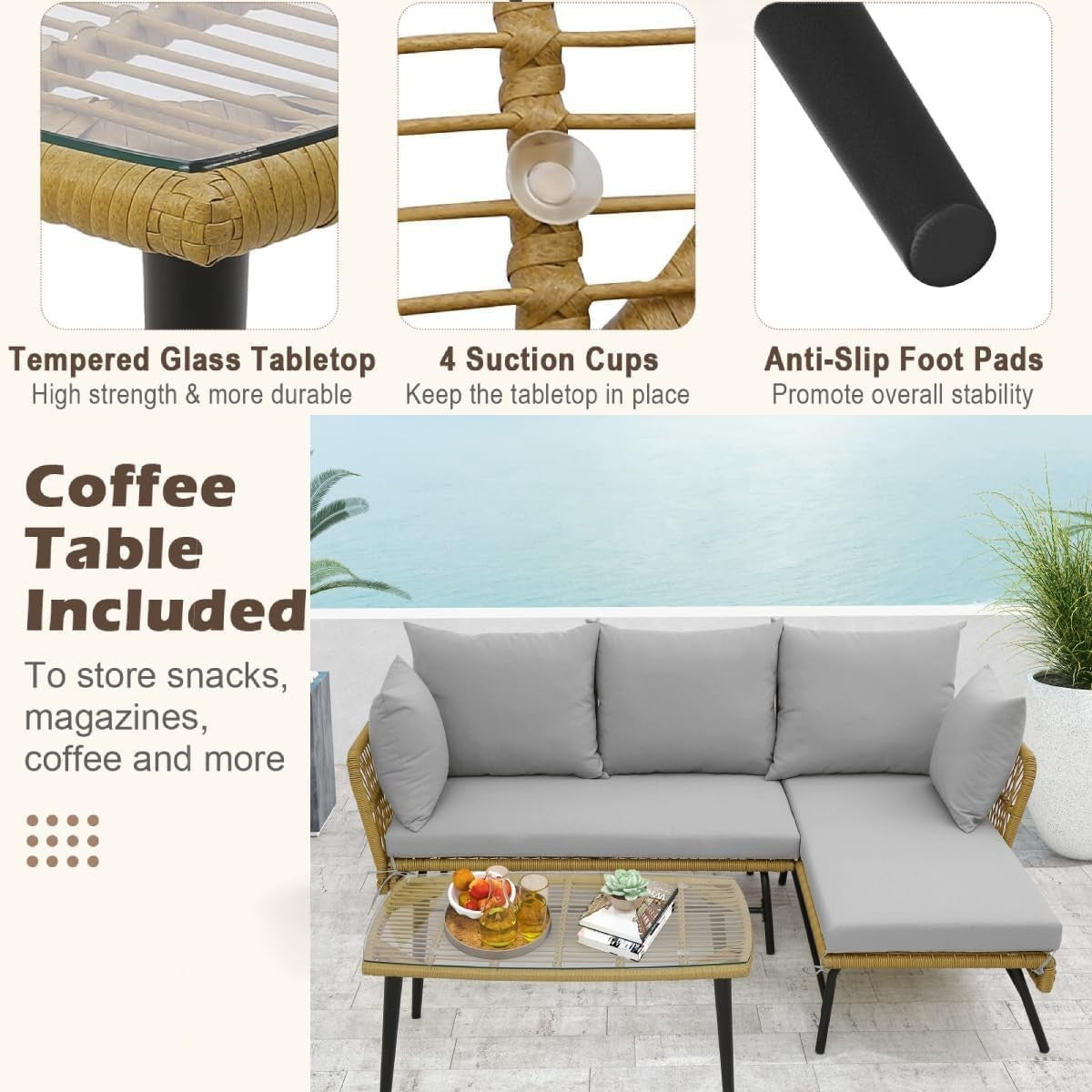 3PC L-Shaped Rattan Garden Corner Sofa Set Patio Lounge Glass Table Grey
