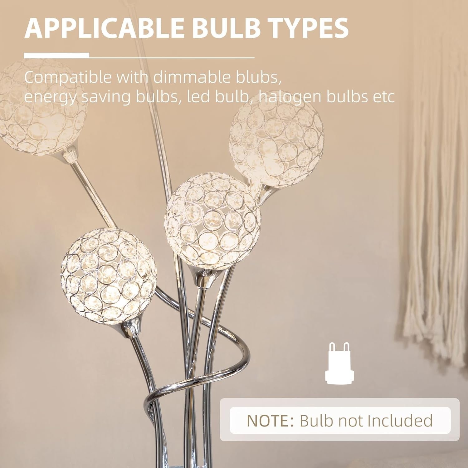5 Light Floor Lamp Silver Standing Modern Crystal Shade Living Room Bedroom
