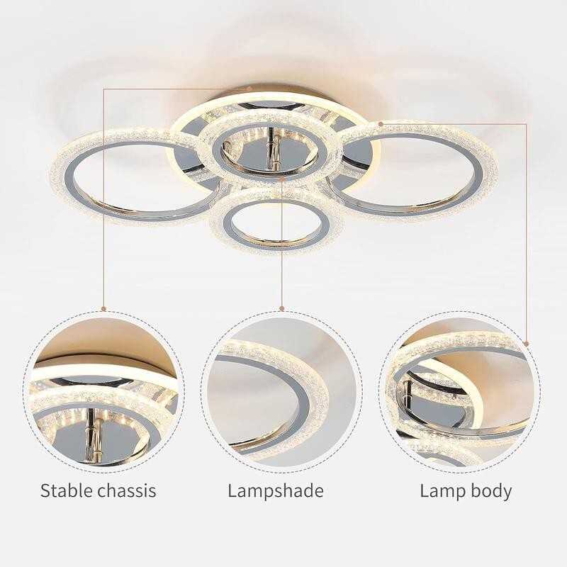 Modern 4-Ring LED Ceiling Light 58W Dimmable Remote Chrome Flush Mount