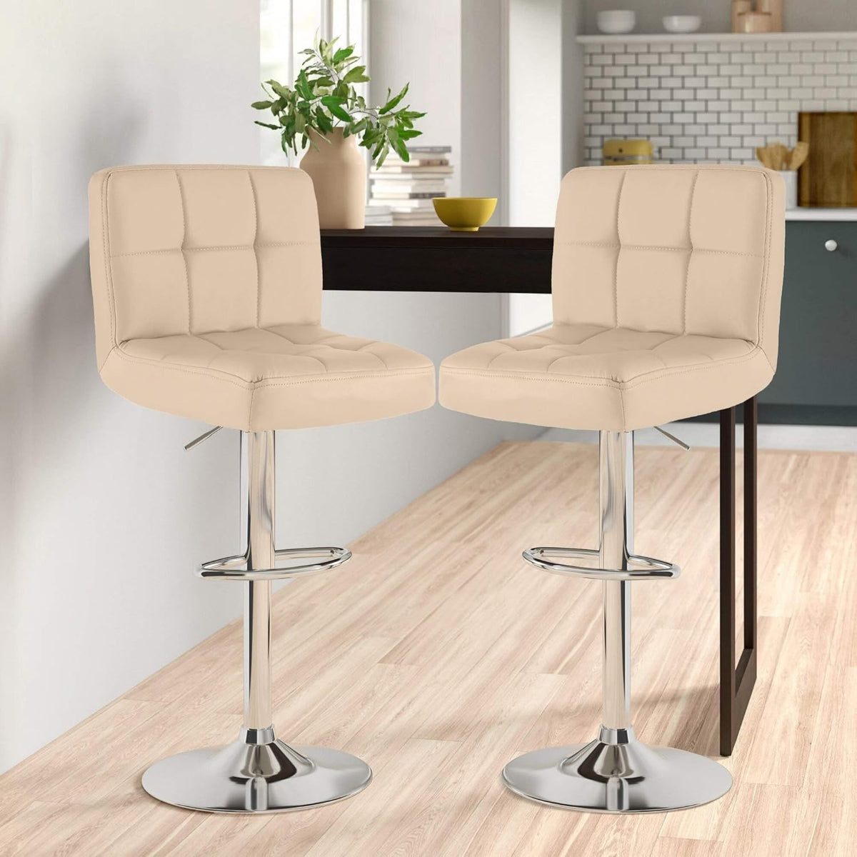 Adjustable Swivel Bar Stools Set of 2 | Cream Faux Leather Chrome