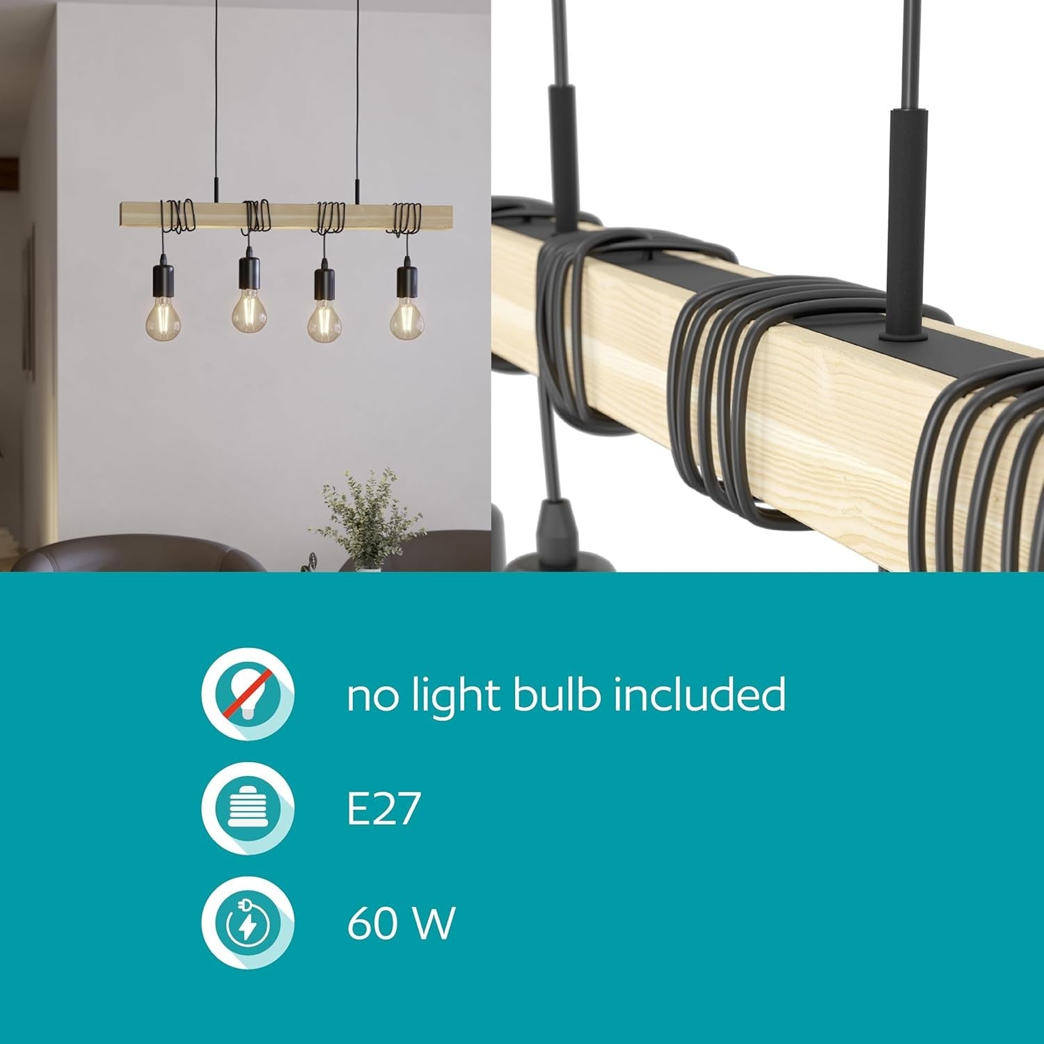 4 Light Wooden Pendant Ceiling Light Vintage Industrial E27 Bar Hanging