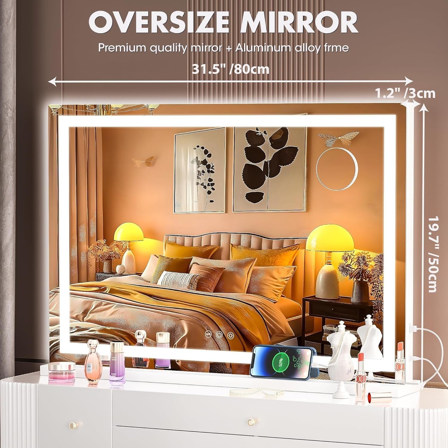 LED Vanity Mirror 80x50cm Wall/Table, 3 Light Modes, Touch Dimming Makeup