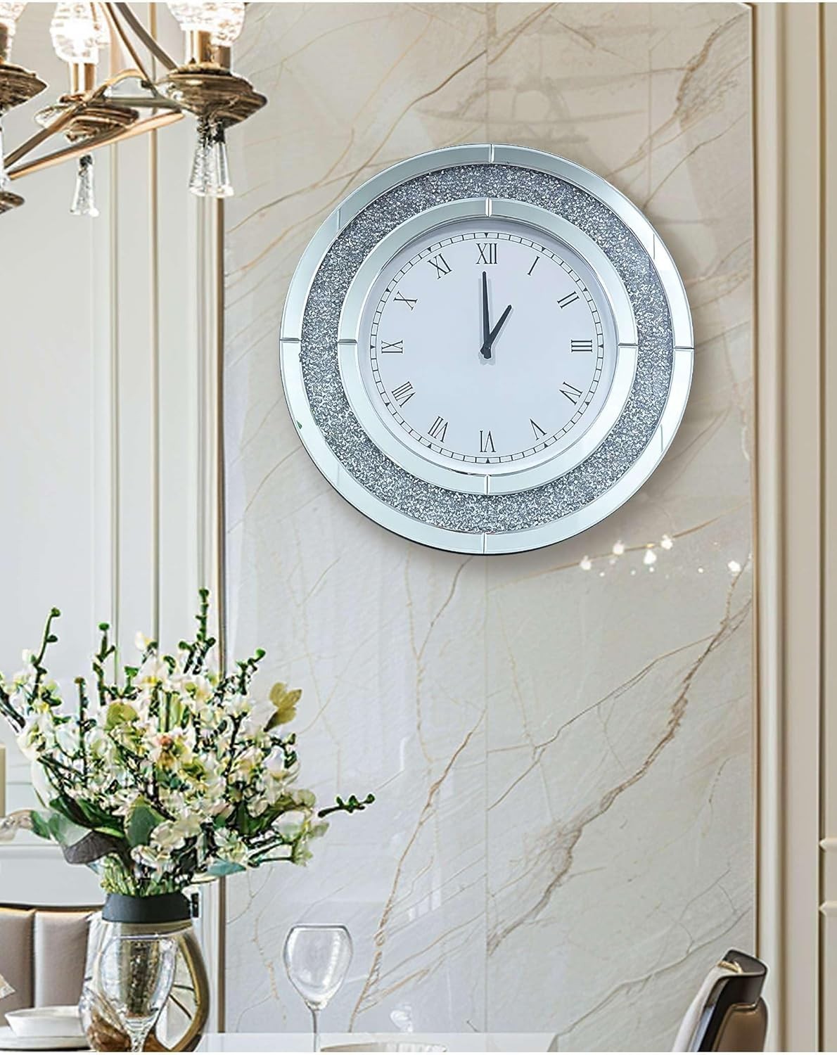 60cm Mirrored Wall Clock Silver Crushed Diamond Inlay Roman Numerals Bling