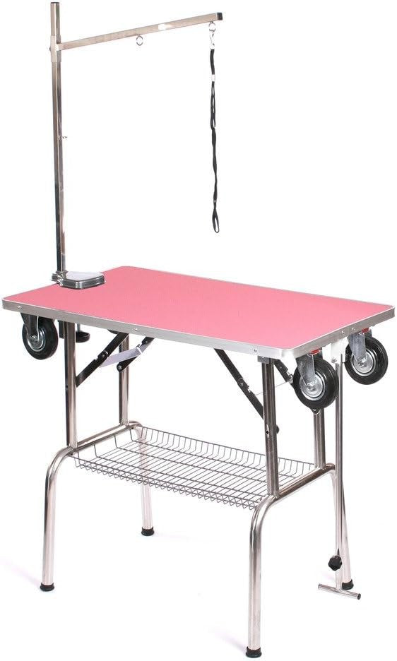 Mobile Dog Grooming Table Stainless Steel with Wheels Adjustable Arm Pink