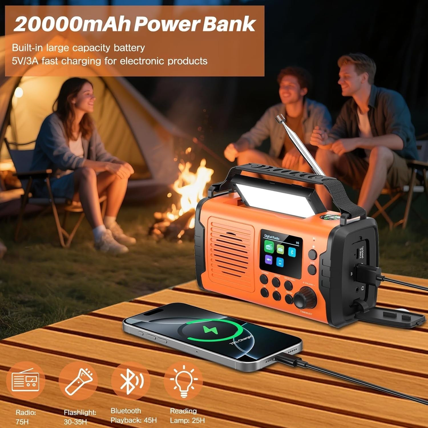 20000mAh Emergency Solar Hand Crank Radio with DAB/FM Bluetooth