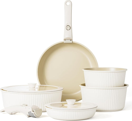 5Pcs Ribbed Ceramic Pots Pans Set with Lids & Detachable Handle Induction Safe