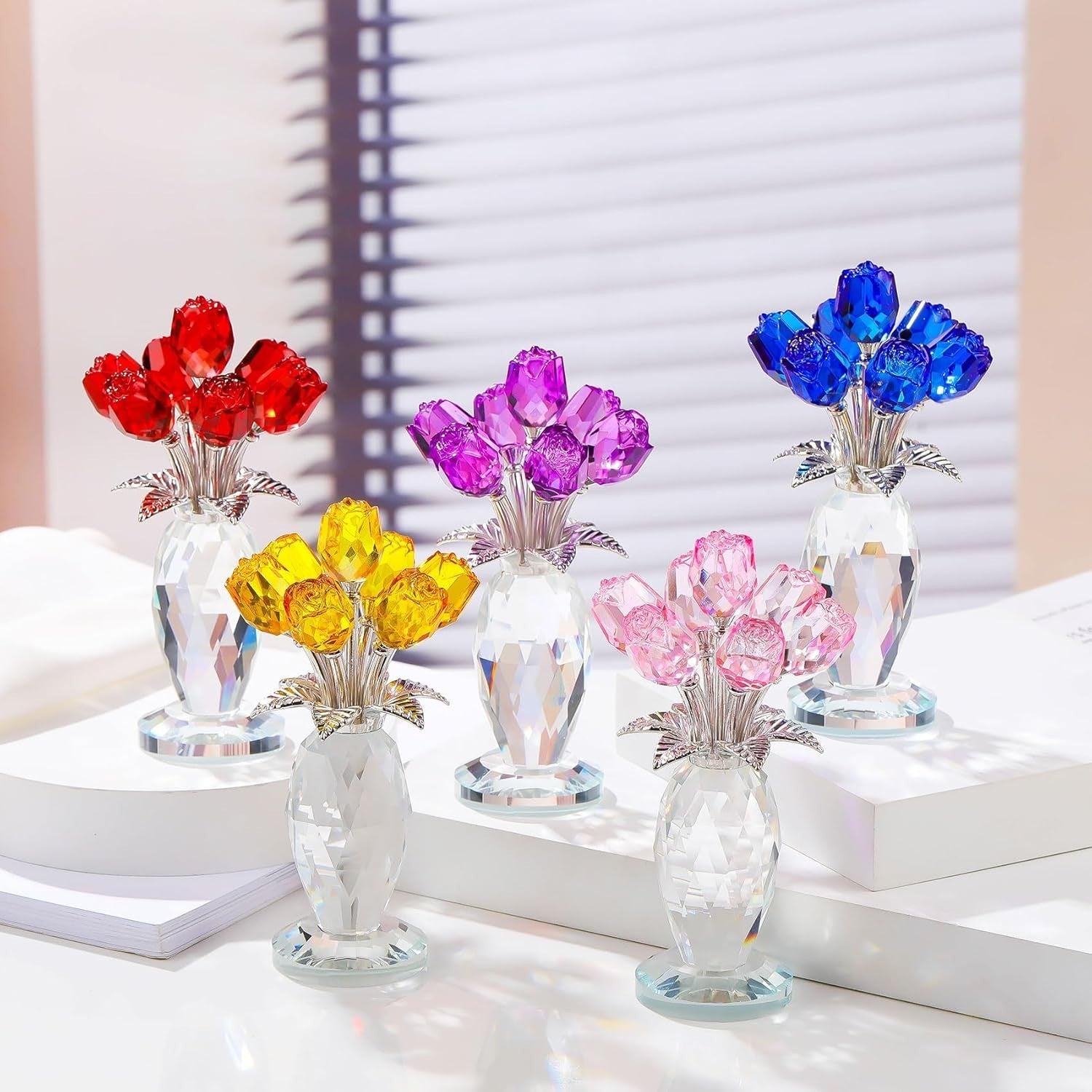 Purple Crystal Rose Bouquet Ornament Glass Flower Figurine Gift for Mum Wife