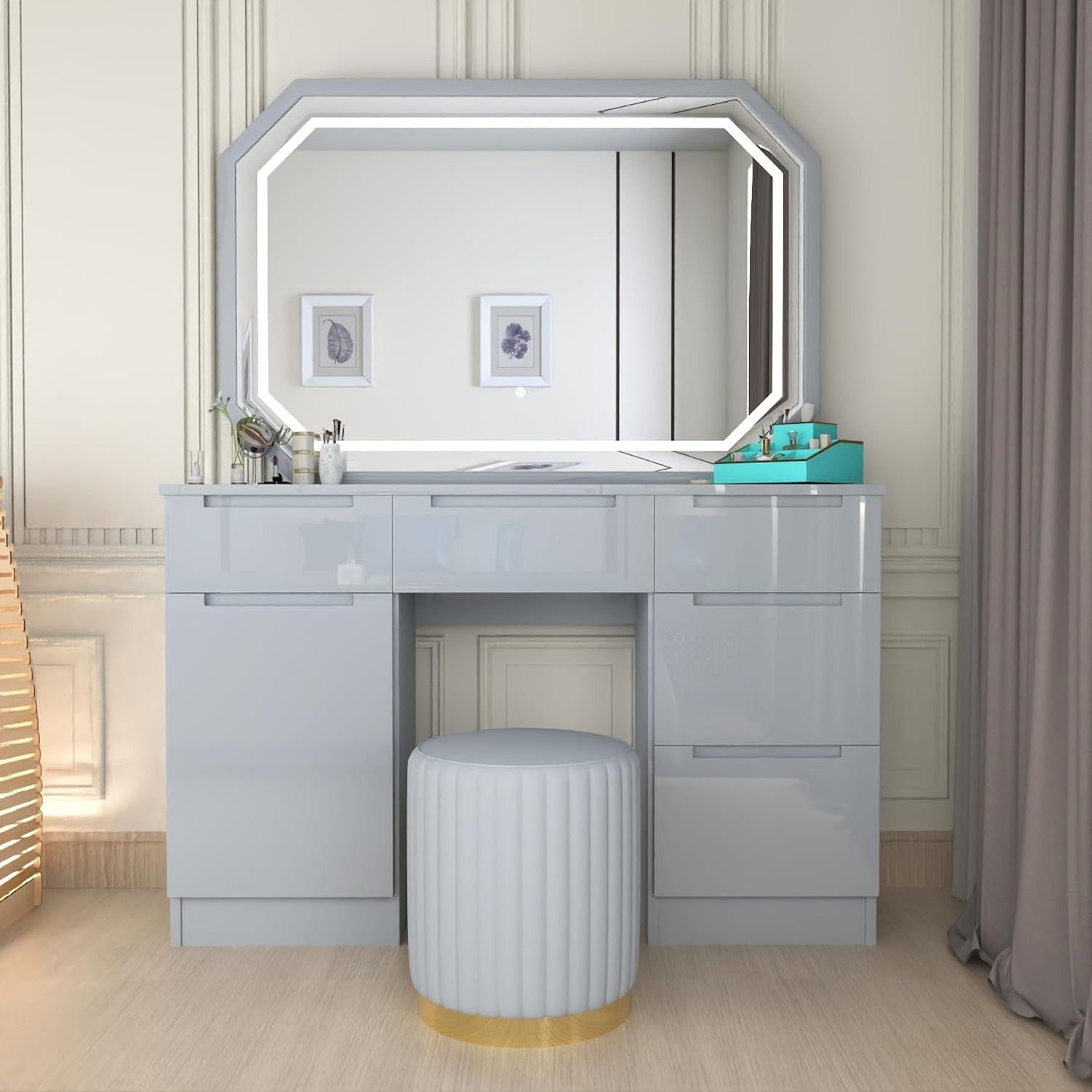 Dresser Vanity Set with LED Mirror Stool 7 Drawers Makeup Table Grey White Black