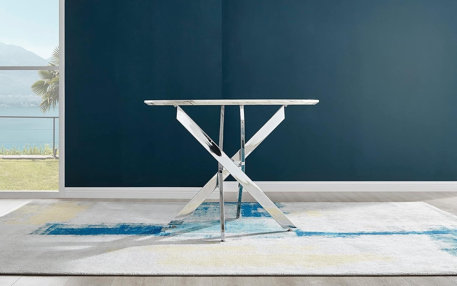 100cm Round Marble Dining Table Silver Chrome Legs Compact Modern