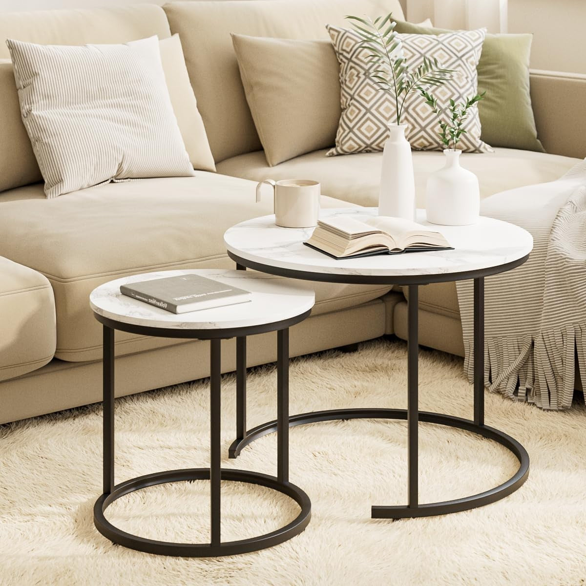 Round Nesting Coffee Tables Set of 2 – Space-Saving Living Room Tables, Modern