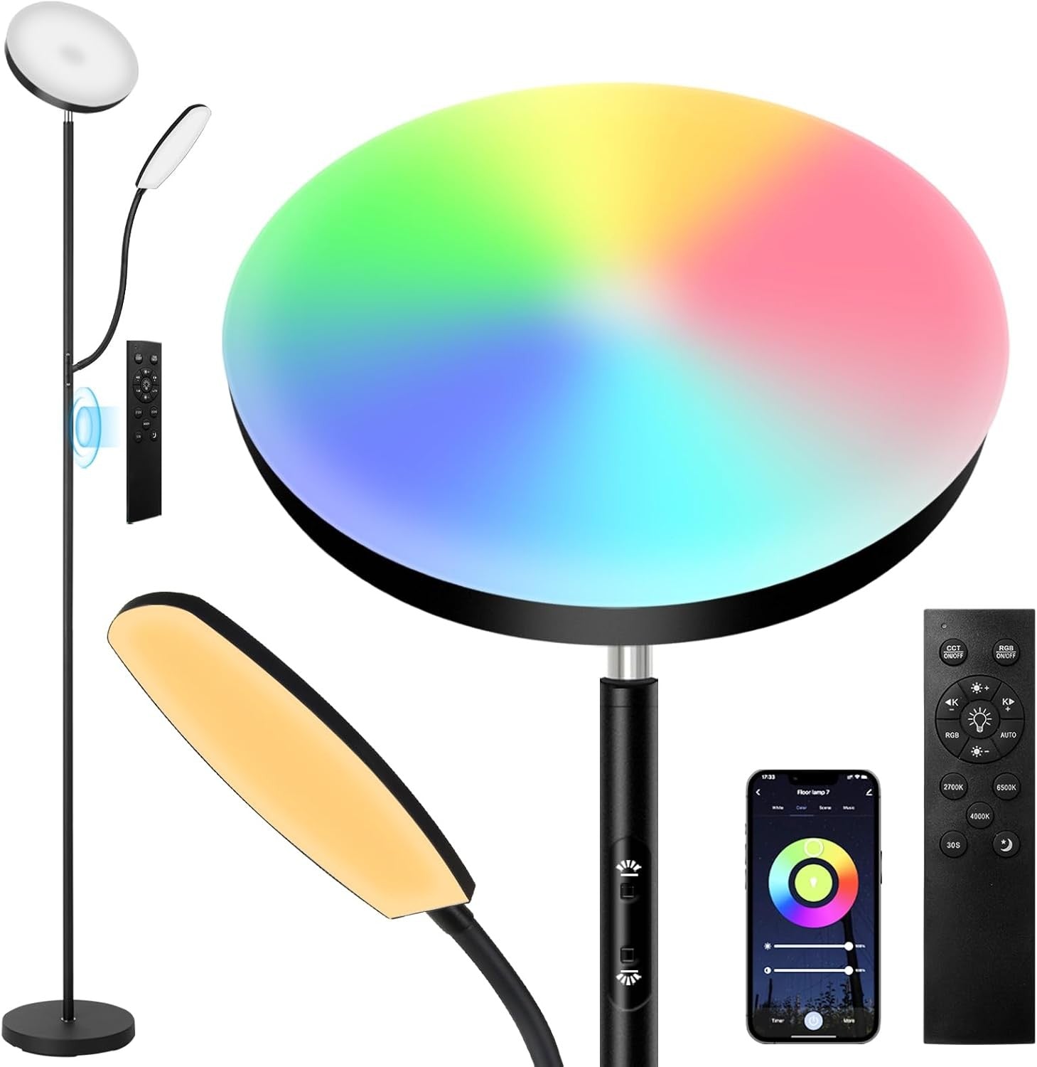 RGB LED Floor Lamp 36W 3000LM Dimmable Torchier with Reading Light