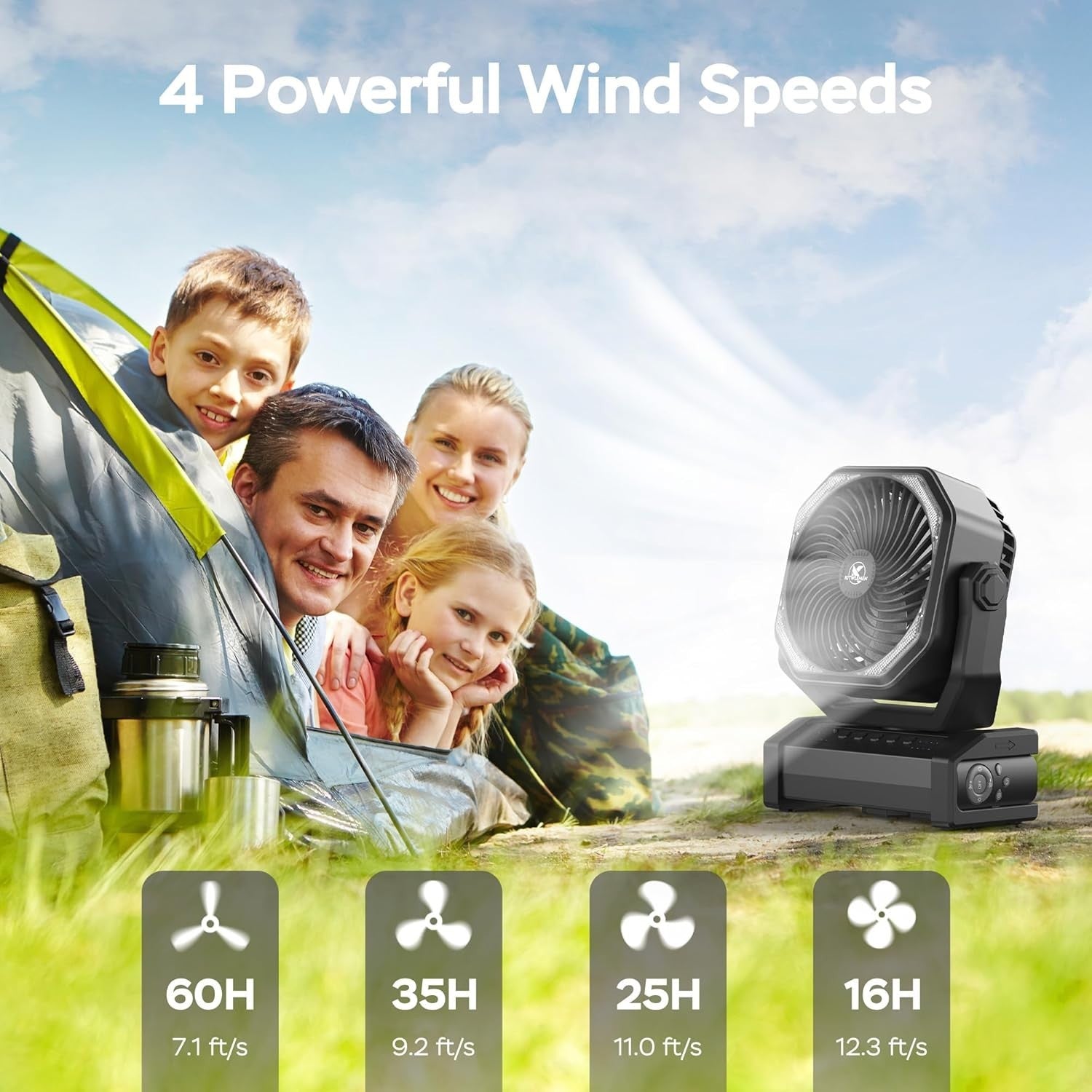 20000mAh Camping Fan – LED Desk Fan w/ Remote, Hook & Rechargeable Battery Black