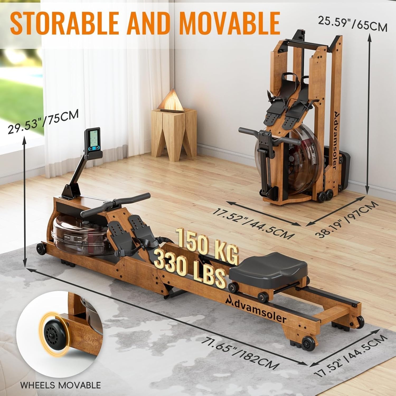 Foldable Oak Wood Water Rowing Machine Bluetooth LCD Home Rower 330LB Capacity