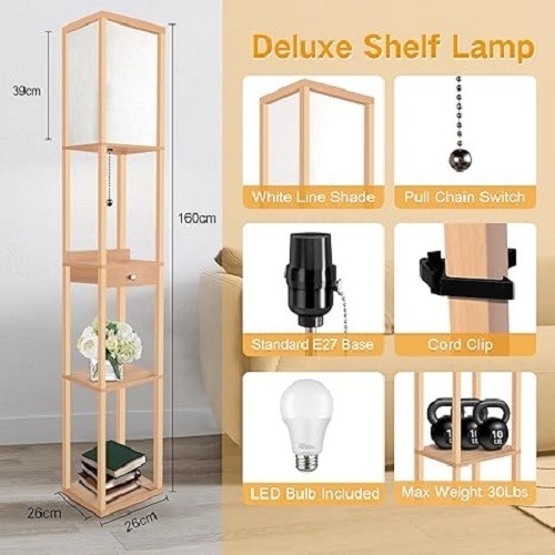 Floor Lamp with Drawer Shelves USB Dimmable LED Wooden Standing Light