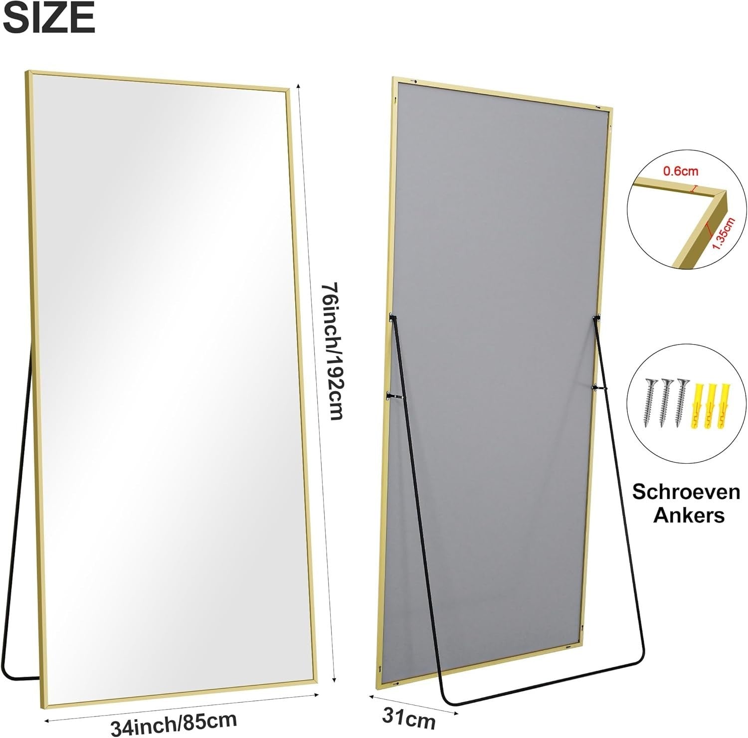Large Full Length Gold Mirror 192x85cm Aluminium Frame Standing Wall Mount