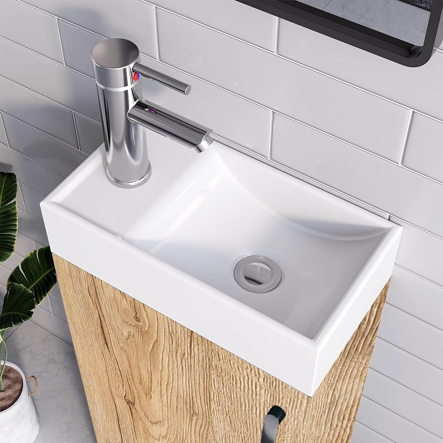 Wood Grain Vanity Unit with Basin Trap & Waste – 40cm Under Sink Storage Cabinet