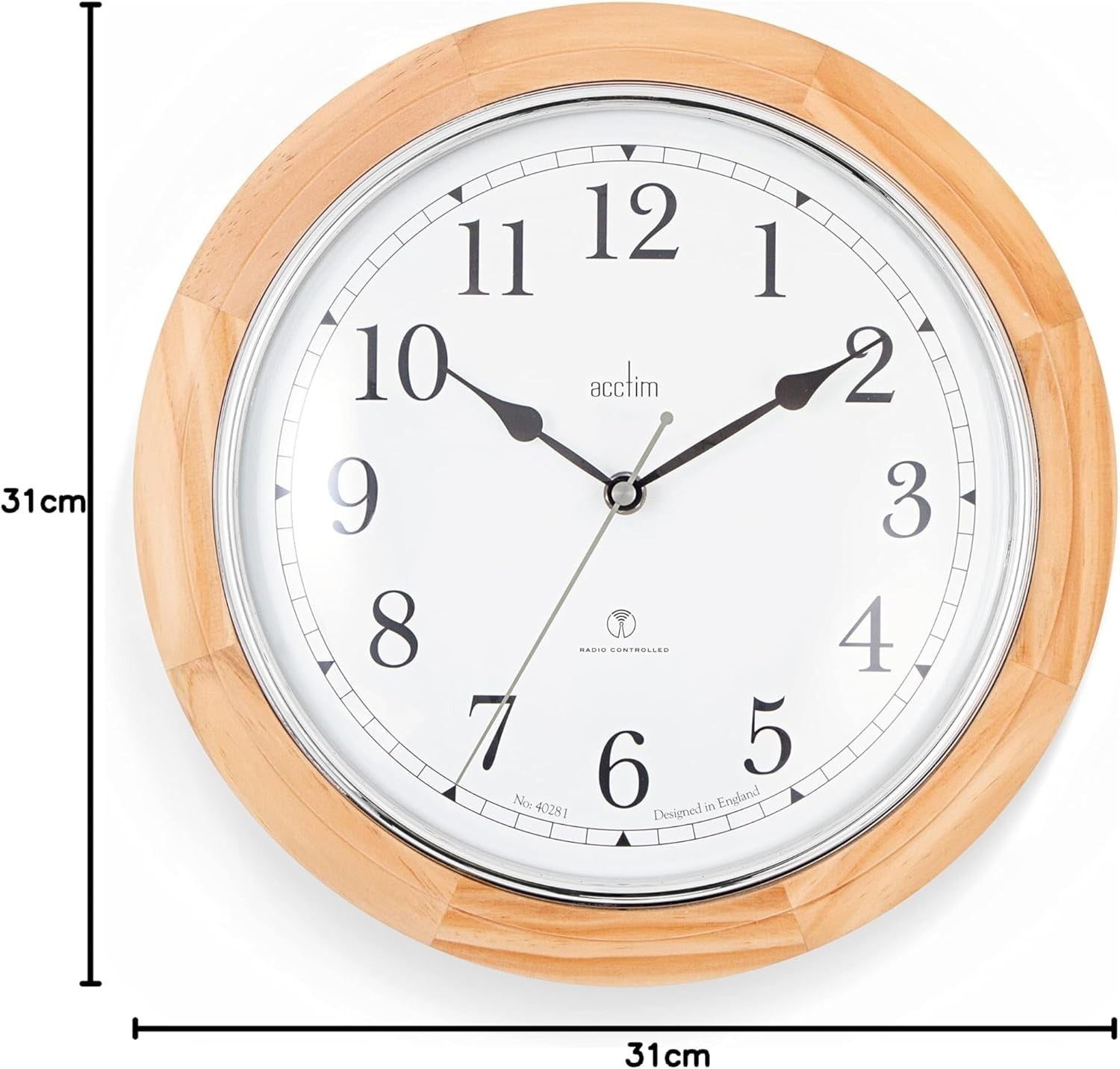 Radio Controlled Wall Clock 31cm Light Wood Frame Silver Bezel