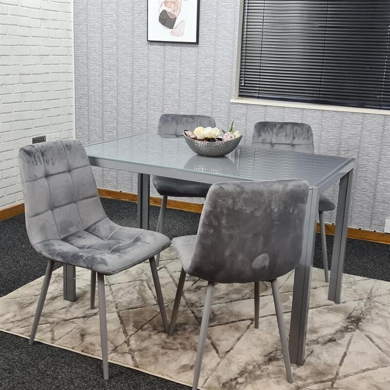 Grey Glass Dining Table Set with 4 Velvet Chairs Modern Padded Seats 134cm