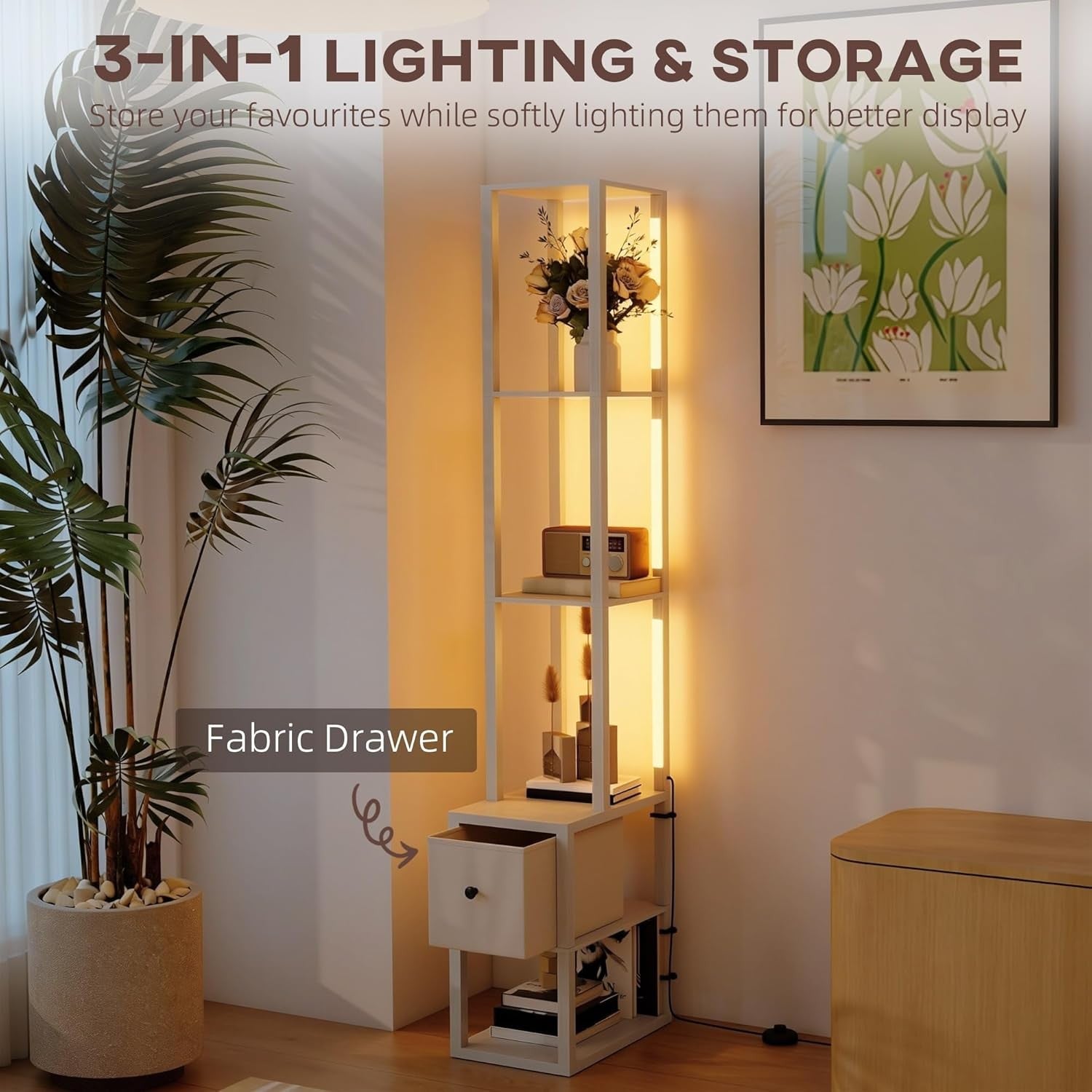 LED Floor Lamp Shelves Storage Column Standing Lamp Adjustable Light