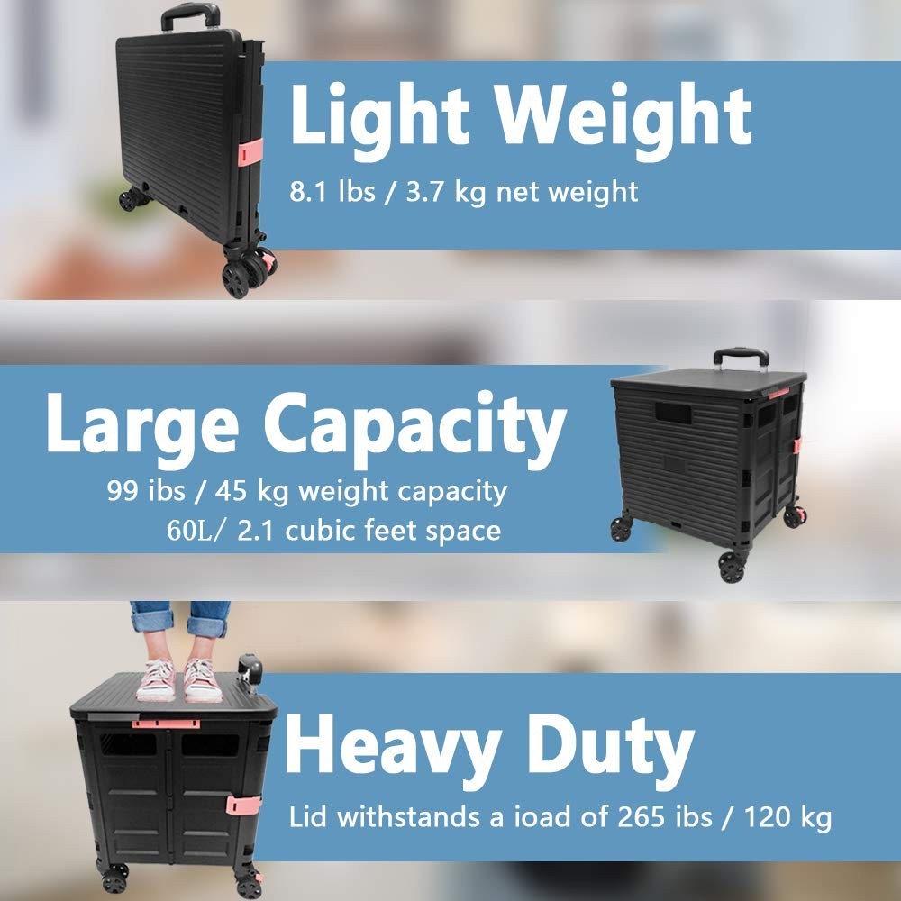 Heavy Duty 50L Folding Shopping Trolley Cart 60KG with 360° Wheels