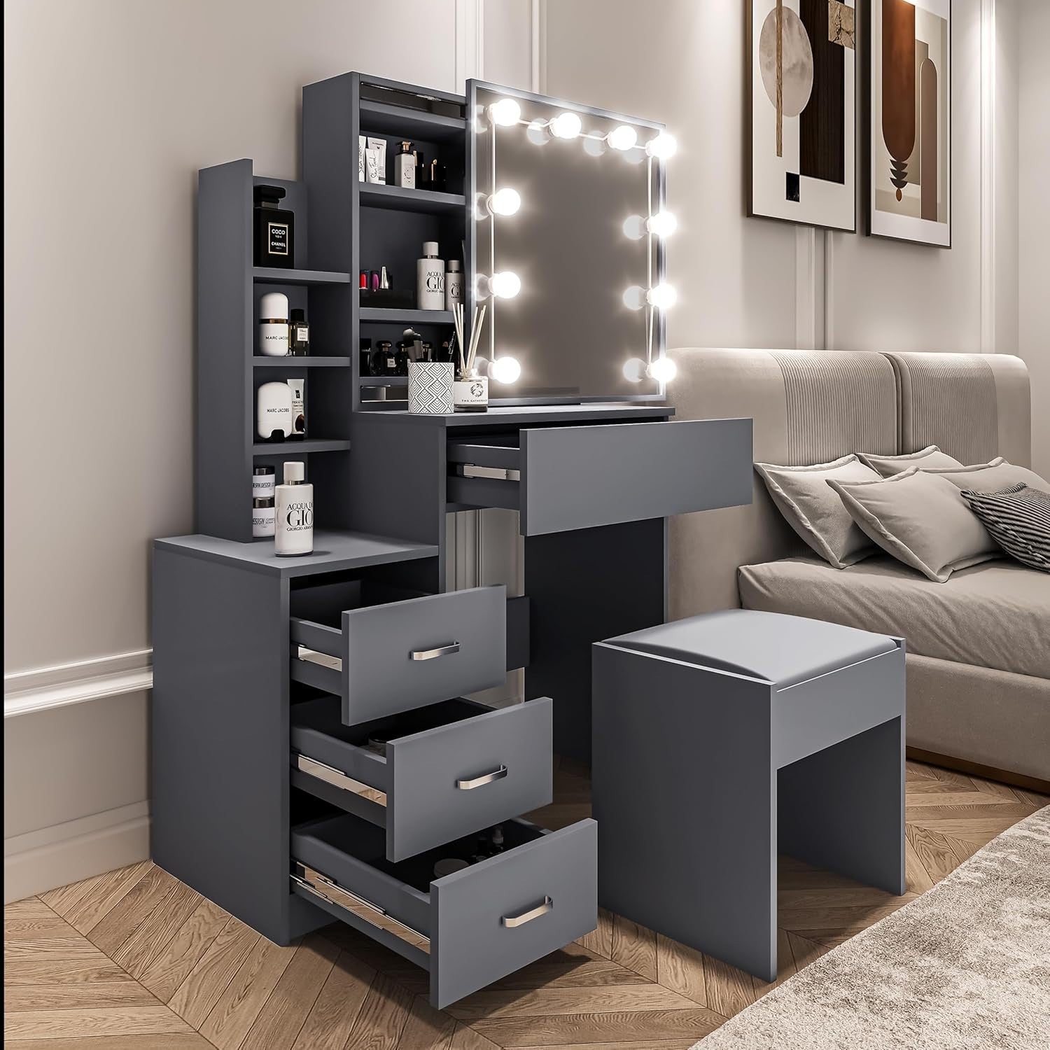 Dressing Table Vanity Desk Sliding Mirror LED Lights Drawers Storage Grey Bedroo