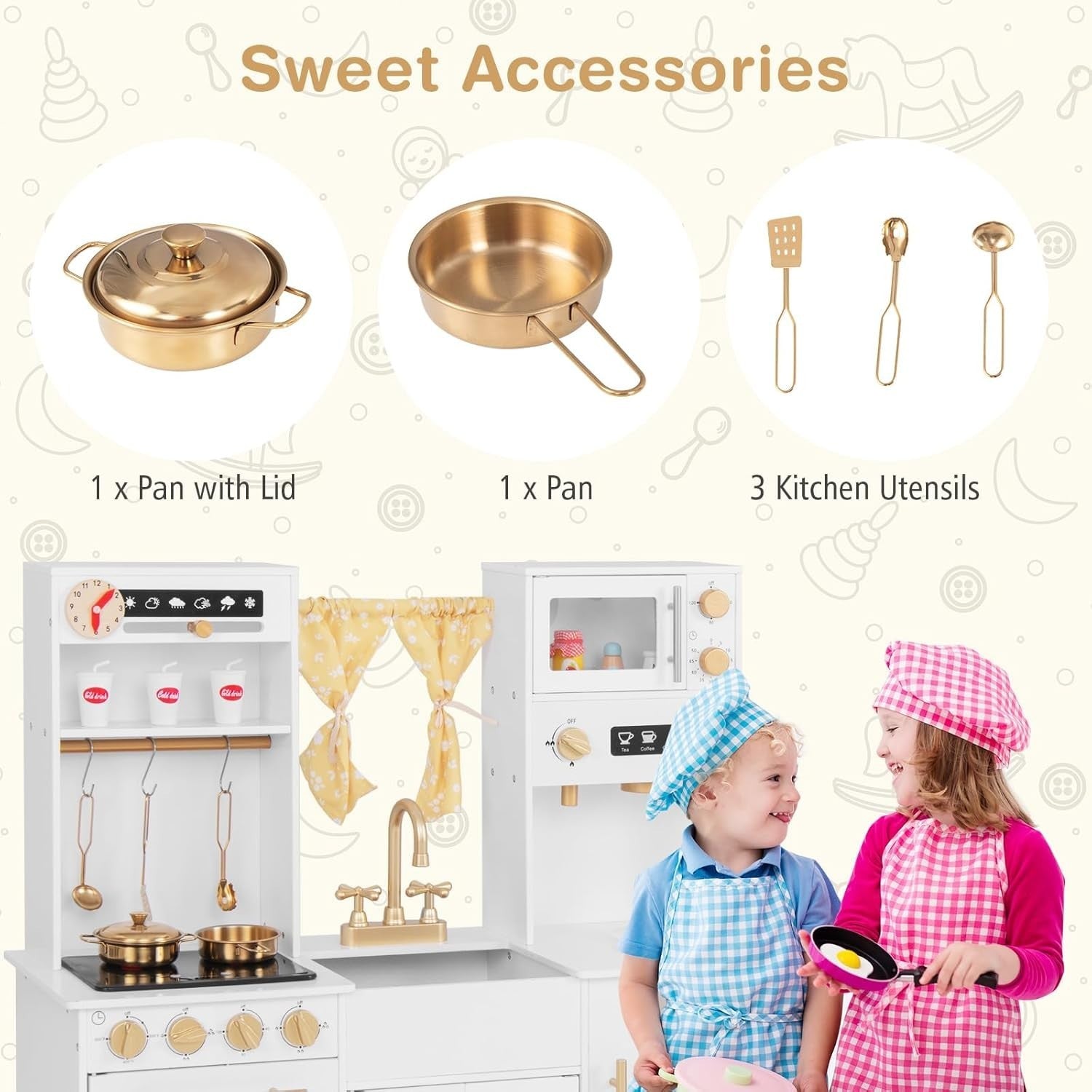 Kids Wooden Play Kitchen Lights Sounds Coffee Maker Microwave White