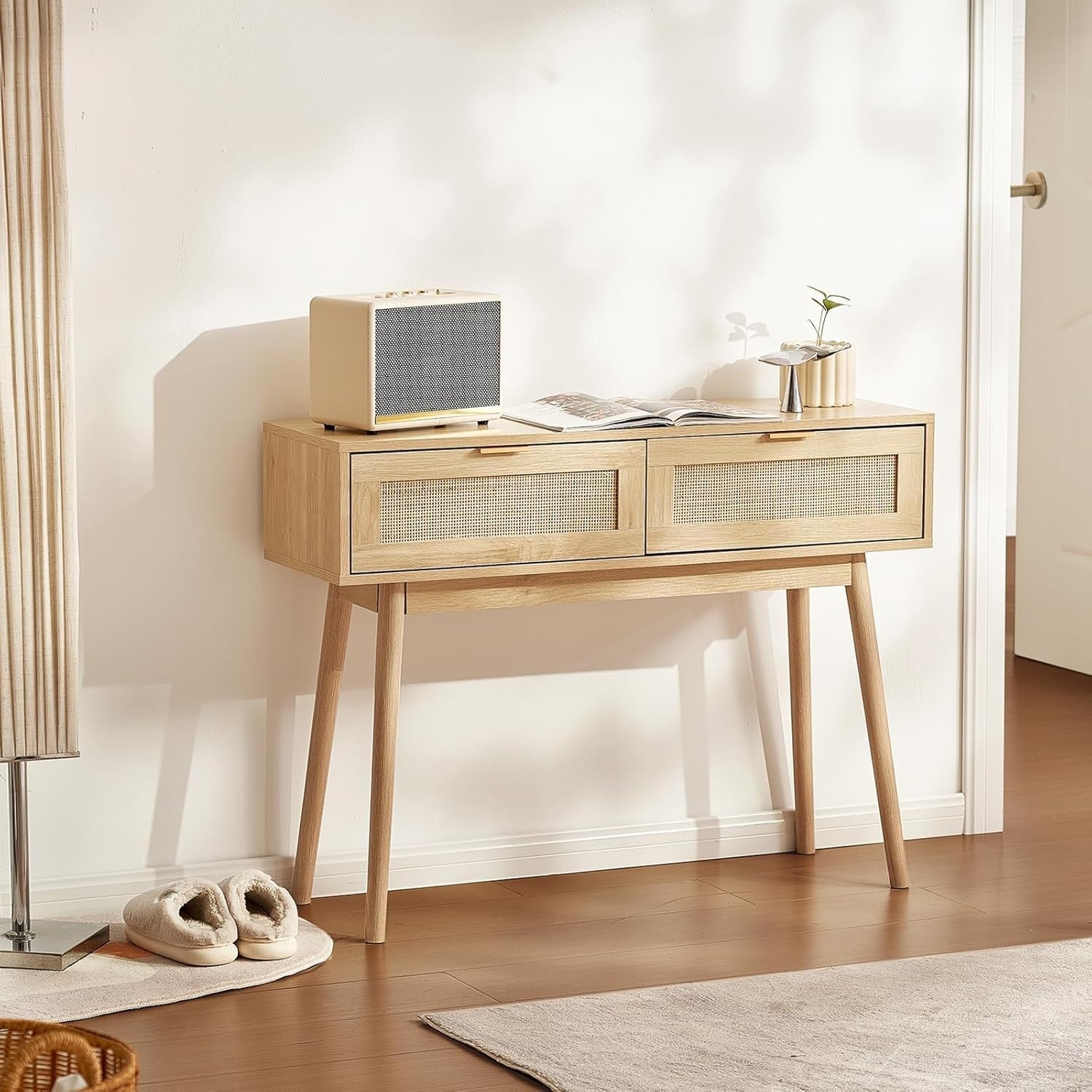 Rattan Console Table with Drawers & Shelf, Entryway Storage Unit 100cm