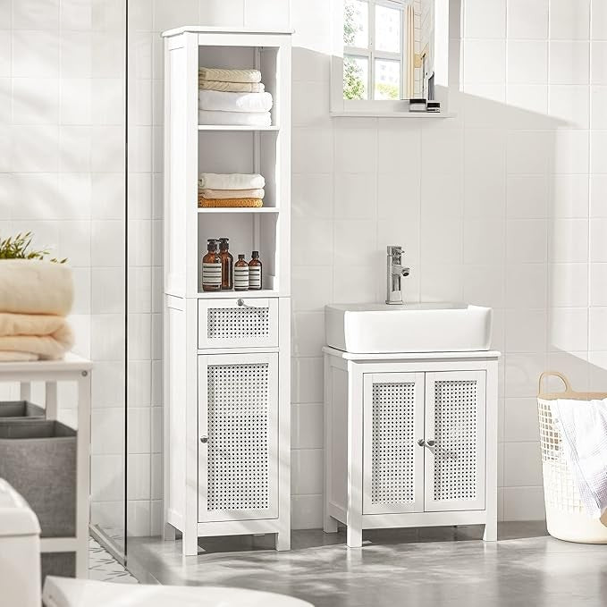 White Under Sink Bathroom Cabinet 60cm Vanity Storage Unit with Louvered Doors