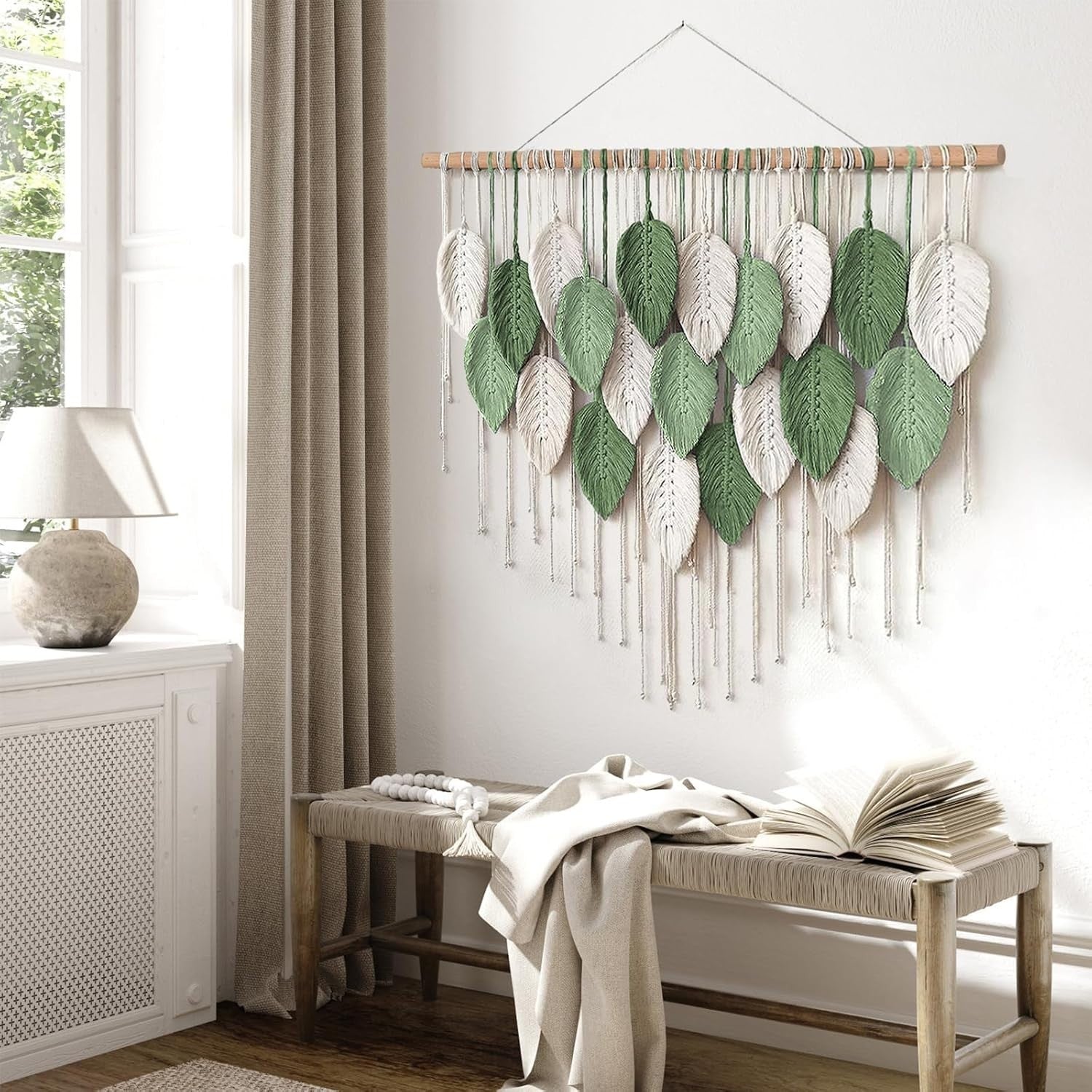 Large Boho Macrame Wall Hanging Leaf Woven Decor Beige