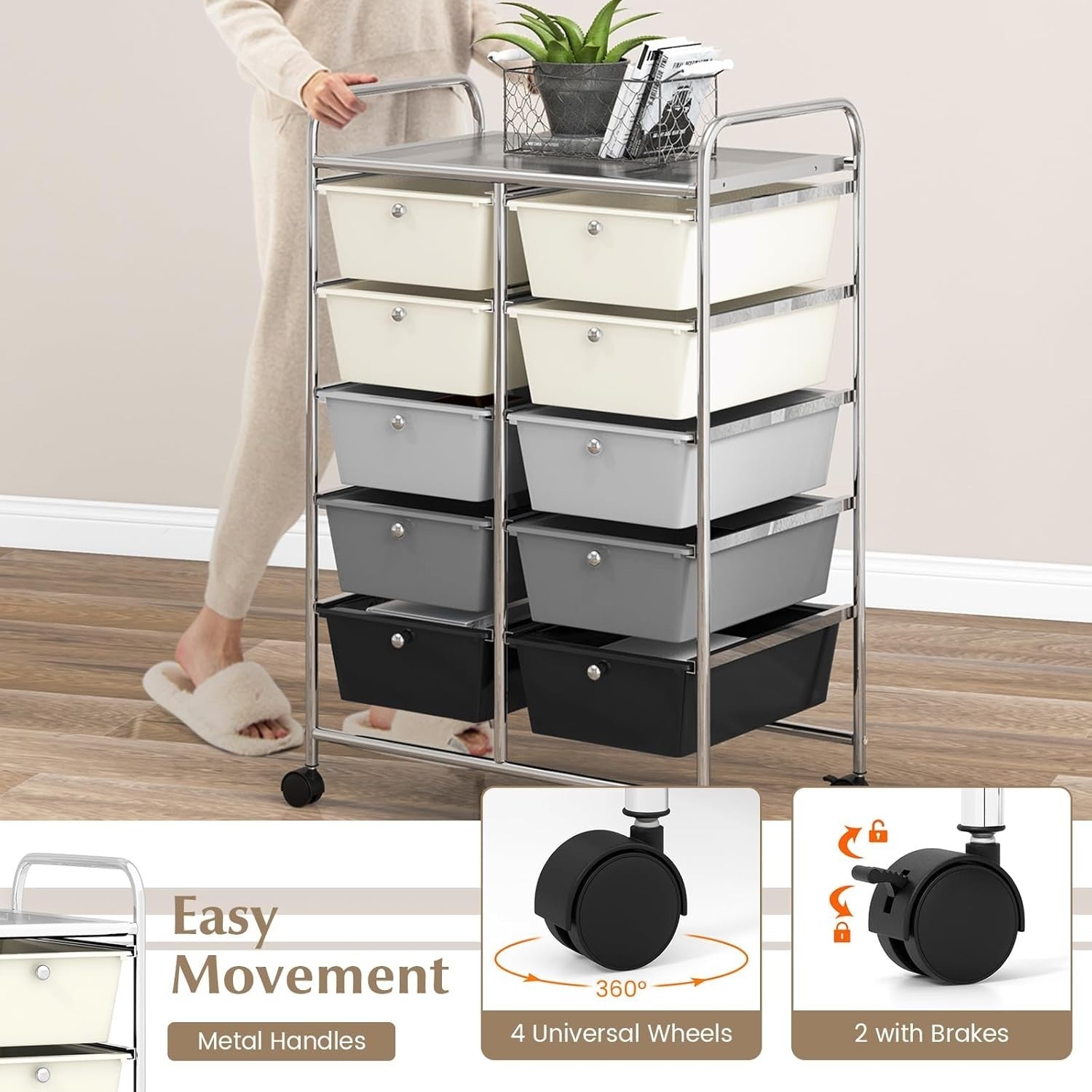 10 Drawer Mobile Storage Trolley Rolling Utility Cart Salon Organizer Grey