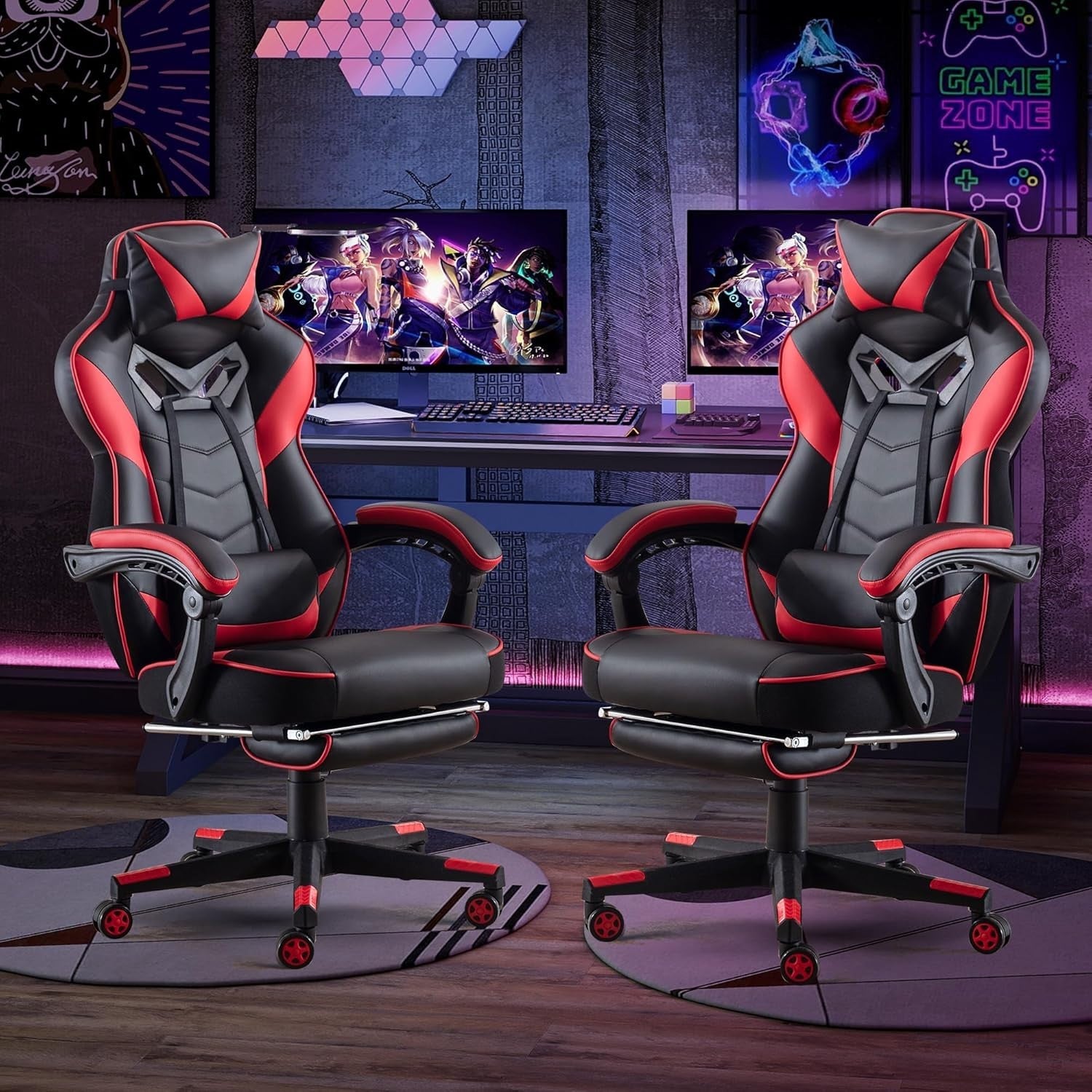 Red Faux Leather Gaming Chair w/ Recline, Footrest, Massage, Swivel, Ergonomic