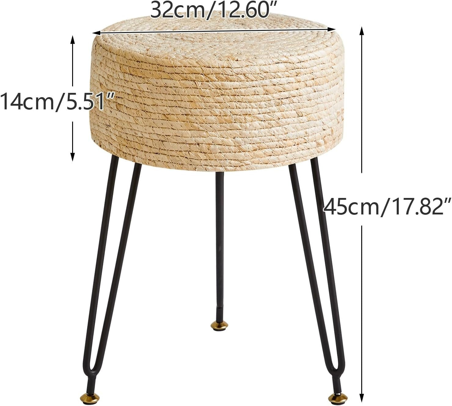 Beige Seagrass Woven Footstool Round Pastoral Stool Metal Legs 32×32×45cm