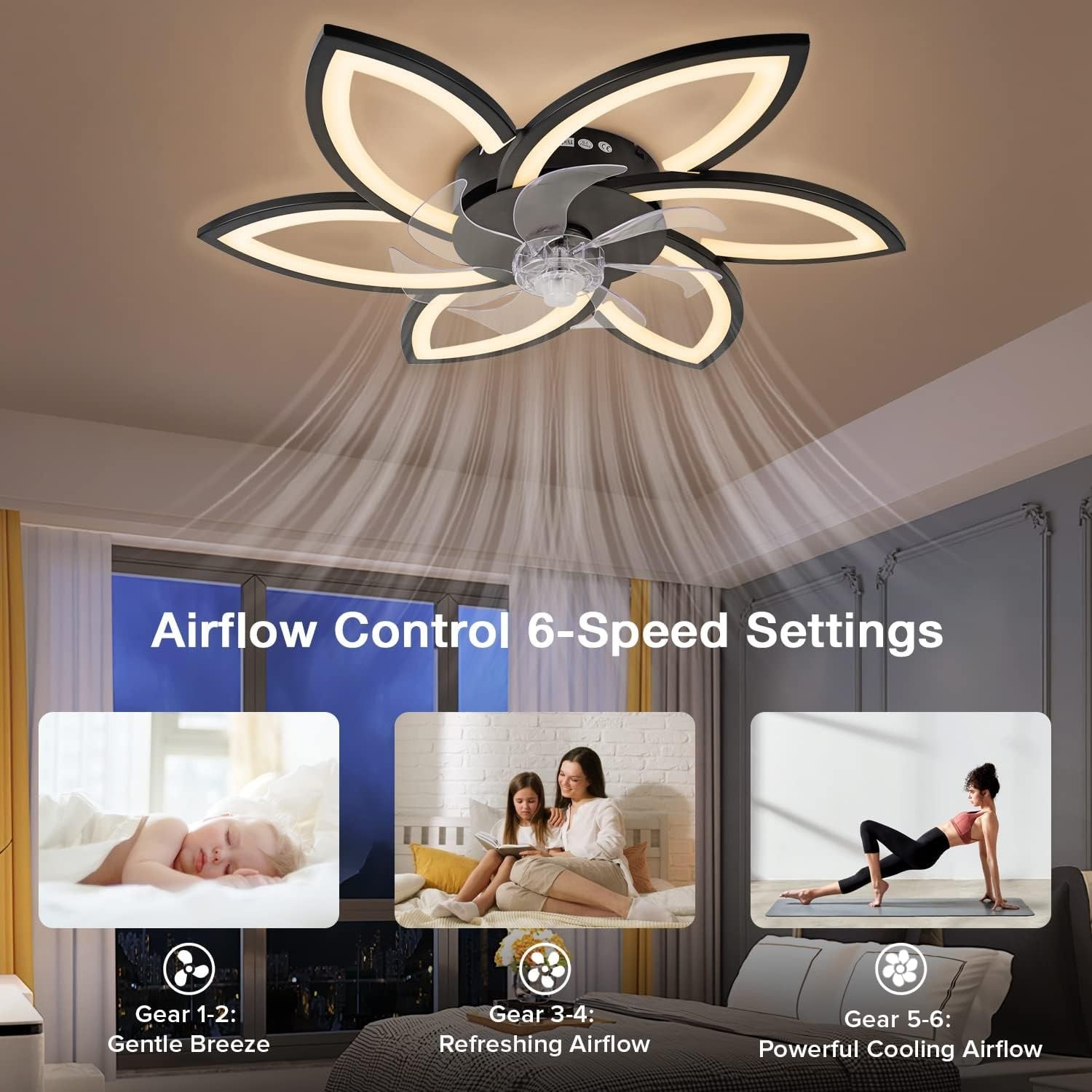 30.7" Ceiling Fan with Light, 6 Speeds, Stepless Dimming, Remote & App Control
