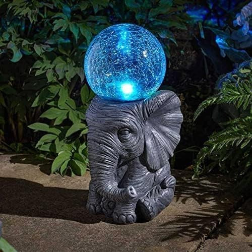 Solar Elephant Garden Ornament 37cm Crackle Ball LED Light Waterproof Outdoor
