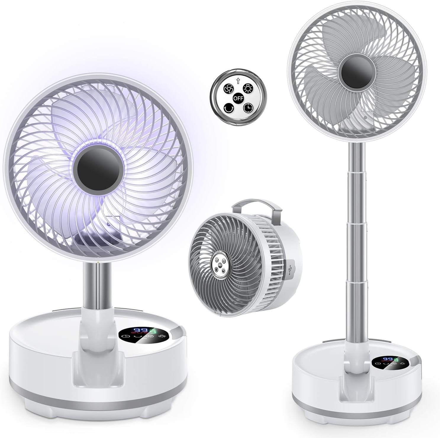 White Portable Desk Foldable Fan – 9-Speed Rechargeable w/ LED & Remote Control
