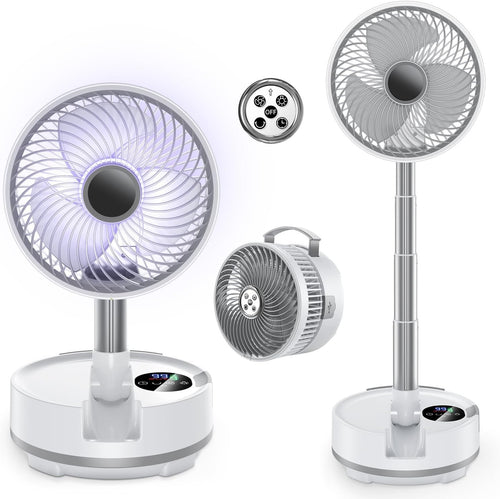 White Portable Desk Foldable Fan – 9-Speed Rechargeable w/ LED & Remote Control