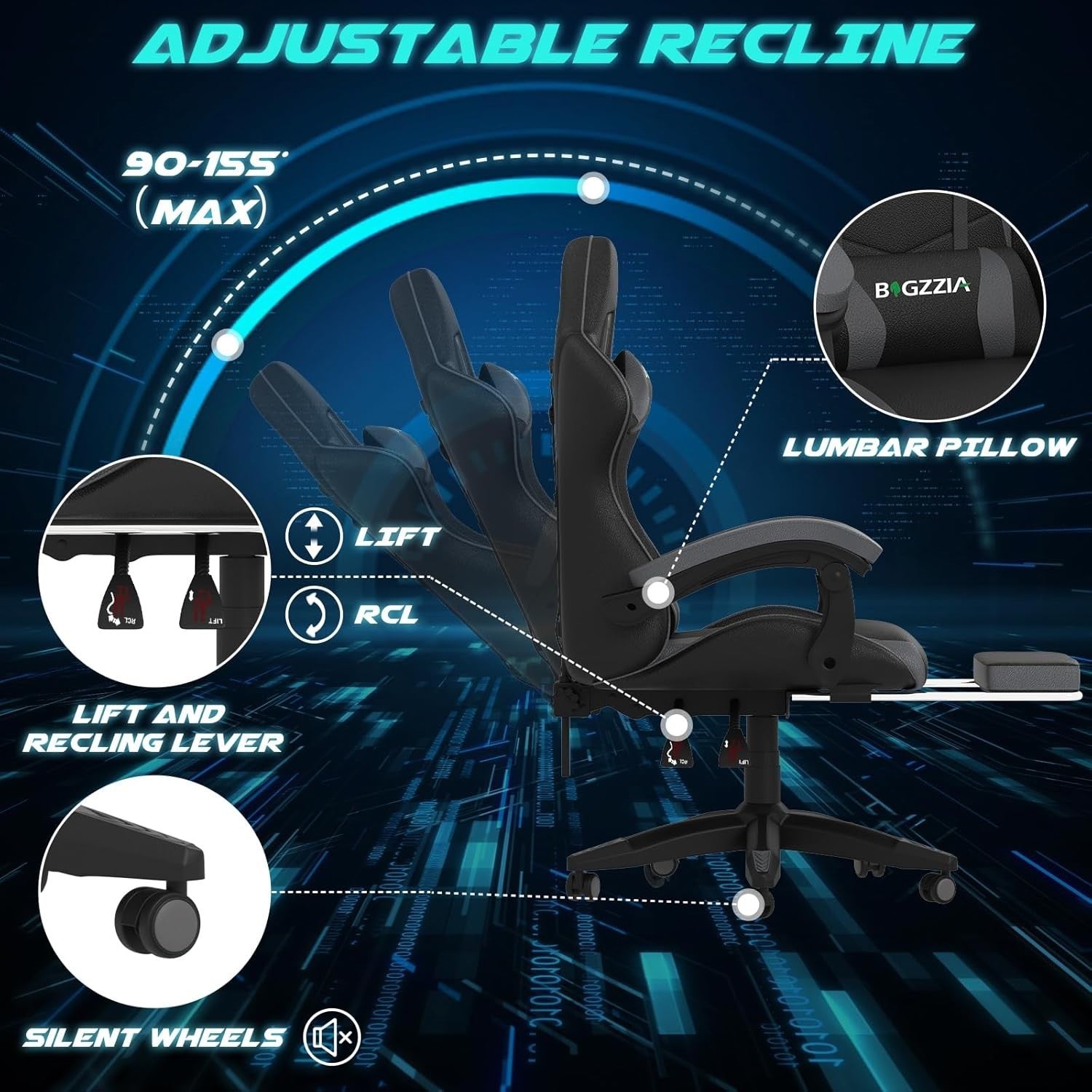 Gaming Chair PC Racing Seat LED Lights Faux Leather Recliner Ergonomic Grey