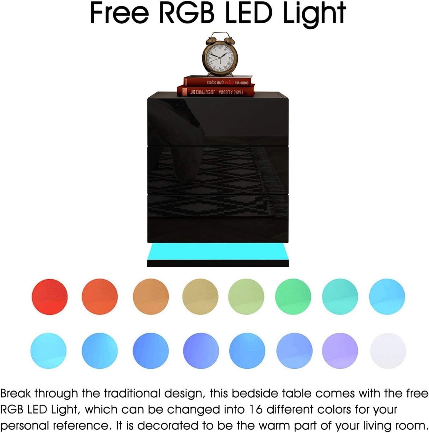 Modern Black LED Bedside Table with 3 Drawers – High Gloss Nightstand