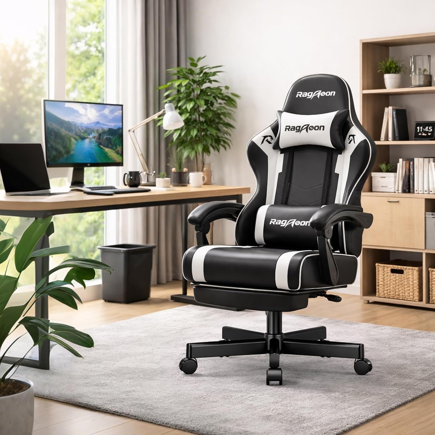 Ergonomic Gaming Chair Black Reclining Office Chair with Footrest & Lumbar Suppo