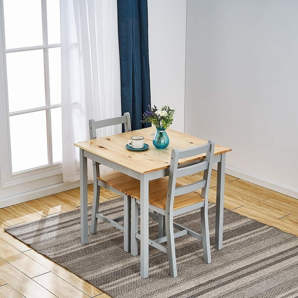 Grey Wooden Dining Table & 2 Chairs - Compact Kitchen Dining Set, 75x75x73cm