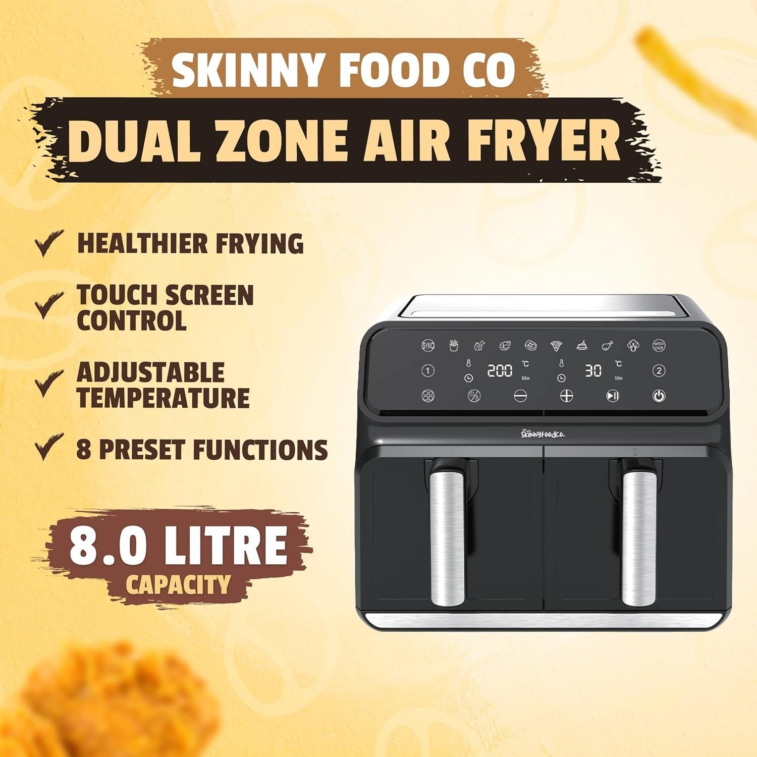 8L Dual Drawer Air Fryer Sync Finish 1700W 8-in-1 Touchscreen No Oil