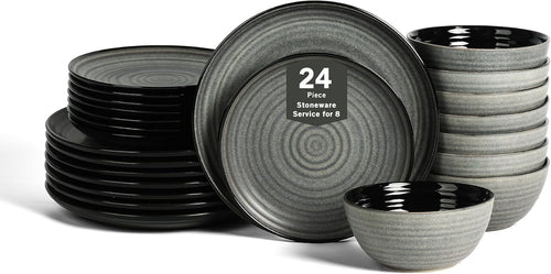 24pc Stoneware Dinner Set Plates Bowls Black Scratch Resistant Modern