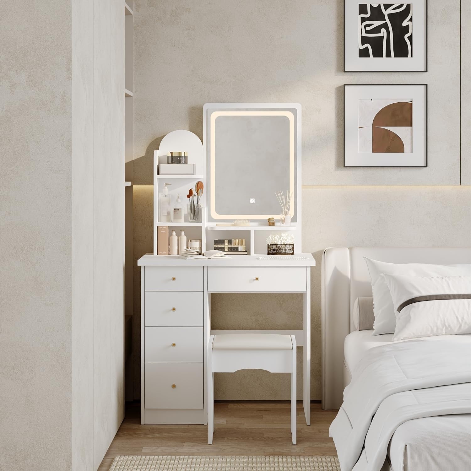 White Dressing Table Vanity Set with 3-Color LED Lights Mirror 5 Drawers & Stool