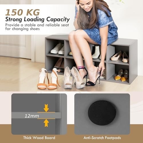 Grey Shoe Bench with 8 Compartment Storage Rack Seat for Hallway Bedroom