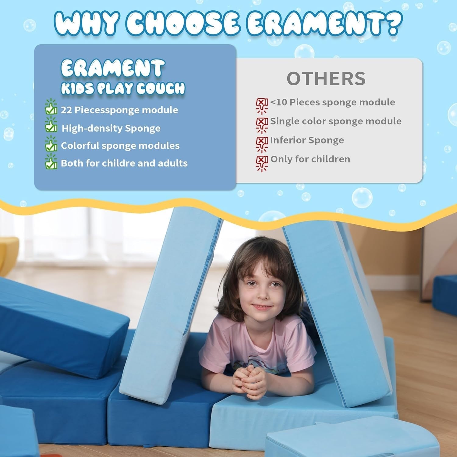 22-Piece Modular Kids Play Couch Sofa Bed Ocean Theme Durable Soft Foam