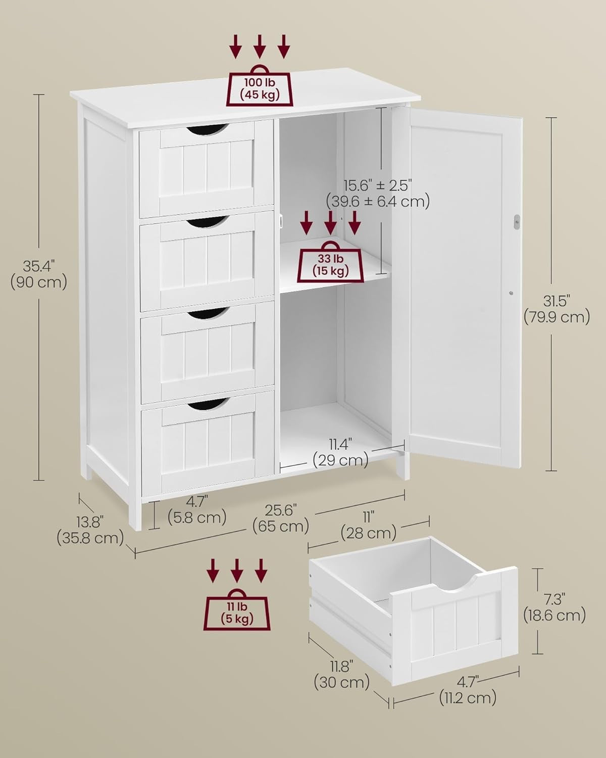 Bathroom Storage Cabinet with 4 Drawers & Adjustable Shelf, Compact & Sturdy