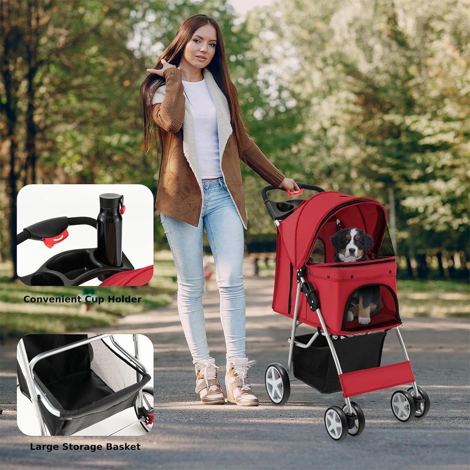 Red Pet Stroller Foldable Dog Cat Pushchair 15kg Storage Basket