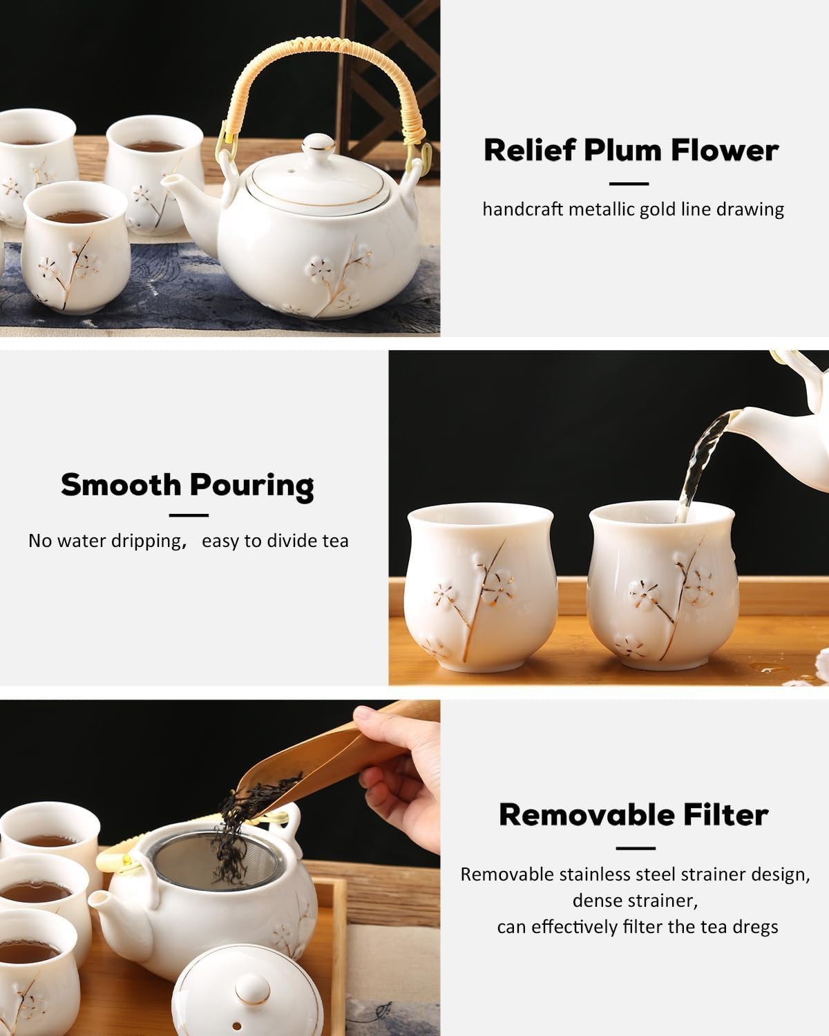 Japanese Porcelain Tea Set Teapot 6 Cups Tray Infuser White Gold
