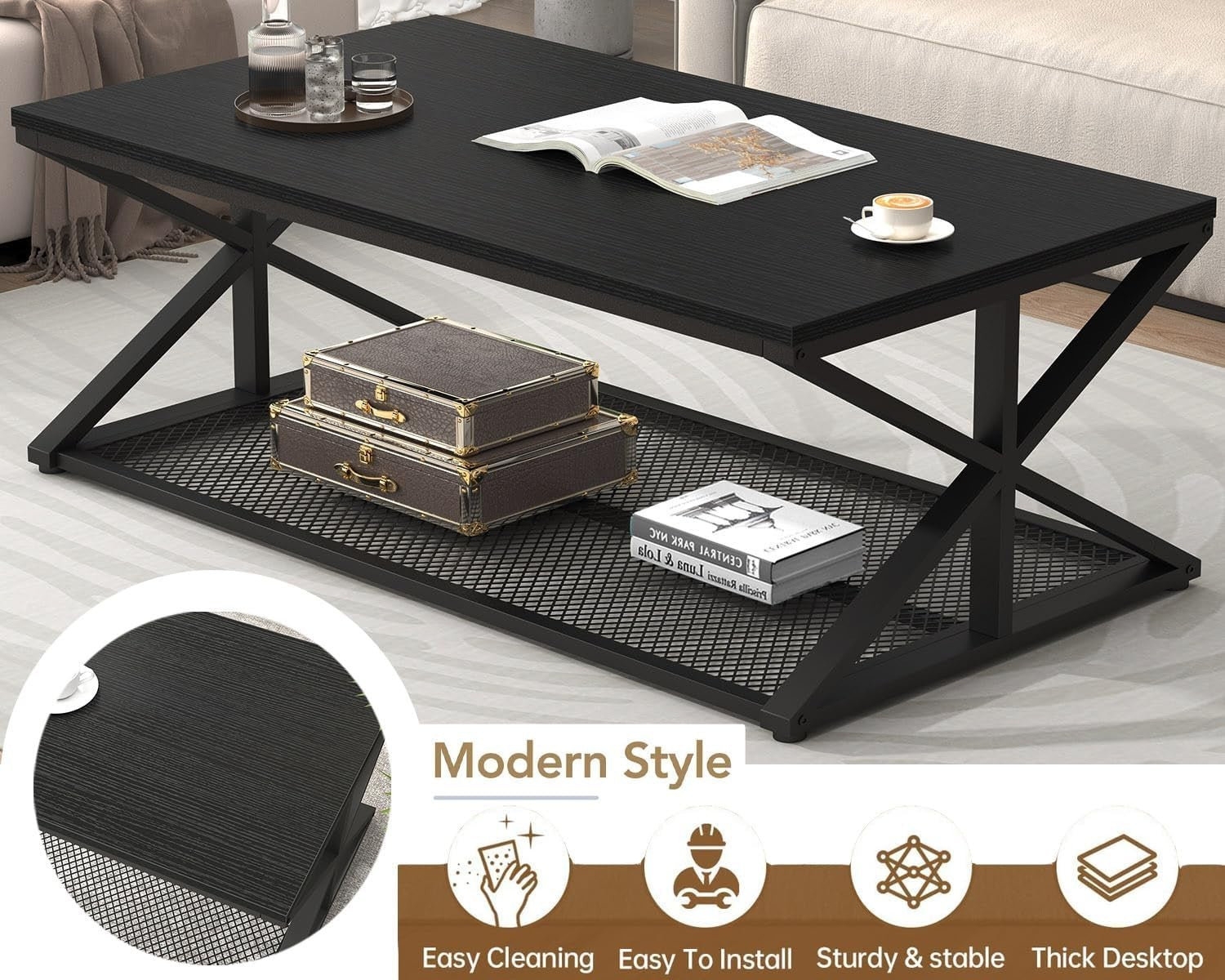 Modern Black Coffee Table with Storage Shelf – Industrial Metal Frame 120cm