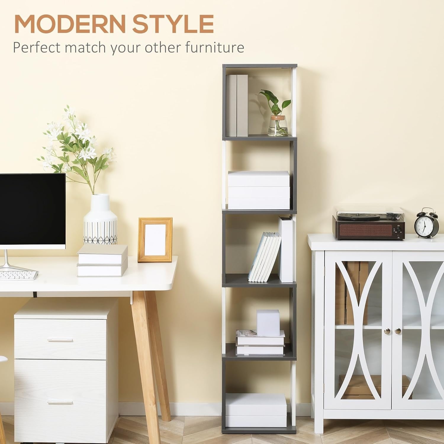 Modern 5-Tier Bookcase Storage Unit with Open Shelves – White & Grey